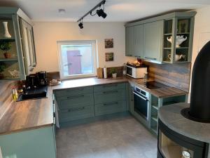 a kitchen with green cabinets and a window at Allis Kajüte in Lübeck