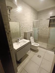 uma casa de banho com um lavatório, um WC e um chuveiro em Rimini Furnished Apart. em Amã