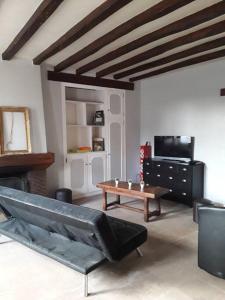 a living room with a couch and a table and a tv at Les guernouilles in Mézières-en-Brenne +13 photos