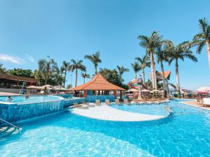 uma piscina num resort com cadeiras e palmeiras em Itá Thermas Resort e Spa em Itá