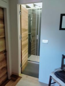 a shower in a room with a glass door at B&B San Gregorio in Cherasco