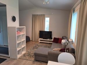 a living room with a couch and a tv at Apartment Songhill in Kuopio