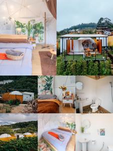 a collage of photos of a room with a tent at Phu Morinn Cafe&Camping in Mon Jam