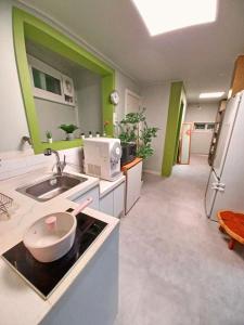 una cocina con paredes verdes y blancas y fregadero en Four Seasons House (Female only), en Seúl