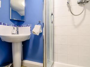a blue bathroom with a sink and a shower at Cove View Cottage in Malham