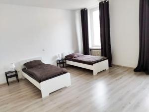 2 Betten in einem weißen Zimmer mit Holzböden in der Unterkunft Schöne Monteursunterkunft in Wuppertal in Wuppertal