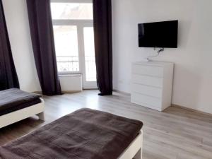 ein Wohnzimmer mit einem Bett und einem Flachbild-TV in der Unterkunft Schöne Monteursunterkunft in Wuppertal in Wuppertal