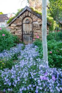 a garden with purple flowers in front of a wooden shed at Mistique Waters Guesthouse in Parys