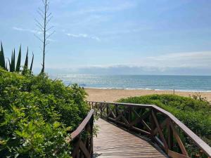 una pasarela de madera a la playa con el océano en Casa pé na areia em praia paradisíaca en Balneário Camboriú