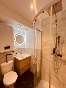 W łazience znajduje się prysznic, toaleta i umywalka. w obiekcie Le Refuge Incas w mieście Saint-Florent-sur-Cher