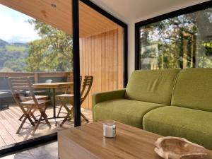a living room with a green couch and a table at Domaine des Constellations - Gîtes & Bains Nordiques in Orbey