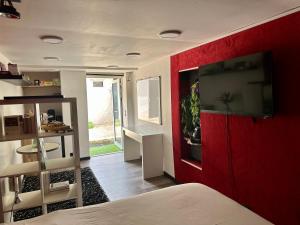 Un dormitorio con una pared roja con un televisor de pantalla plana. en STUDIO BIBOUNE, en Ceyreste