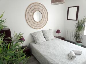 1 dormitorio con cama y espejo en la pared en Charmant appartement proche du centre ville, en Caen