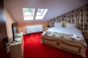 una camera con un grande letto e una televisione di Artemis Villa a Poiana Brasov