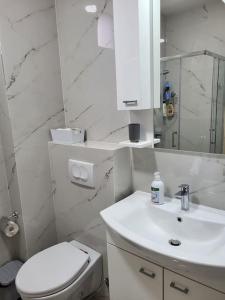 een witte badkamer met een toilet en een wastafel bij Apartment Marina, two bedrooms in Tivat