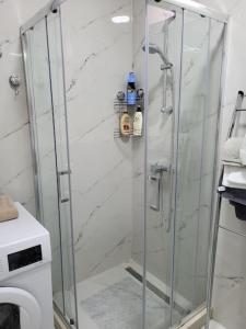 een douche met een glazen deur in de badkamer bij Apartment Marina, two bedrooms in Tivat