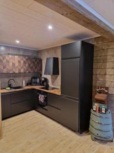 eine Küche mit einem schwarzen Kühlschrank im Zimmer in der Unterkunft Tuorilan tupa in Jämsä