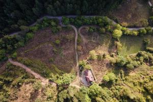 ザロウラにあるHidden Stone Chaletの家と道路のある森の空中