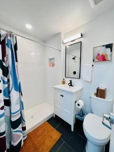 een badkamer met een toilet, een wastafel en een spiegel bij Brand New Luxury Fully Furnished Studio Suite in Oakland