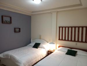 a bedroom with two beds and a light on the wall at Mini suite in Loja