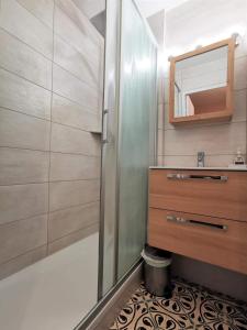 a bathroom with a shower and a sink and a mirror at Studio Samoëns Septimontain 2/4 pers in Samoëns