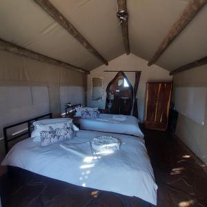 ein Schlafzimmer mit einem großen Bett mit weißer Bettwäsche und Kissen in der Unterkunft Torgos Lodge in Koës