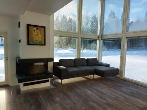 sala de estar con sofá y chimenea en VILLA MARIA en Turku