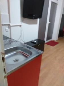 a kitchen with a sink and a tv on a wall at Villa Greta Pipile in Ohrid