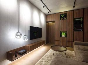 een woonkamer met een bank en een tv bij Feel in forest in Vilnius