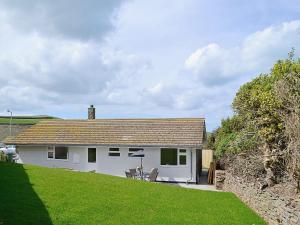 a white house with a grassy yard in front of it at Silvershell View in Port Isaac