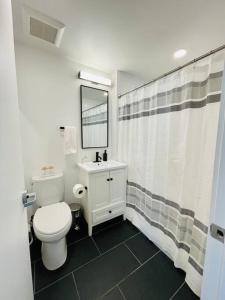a bathroom with a toilet and a sink and a mirror at Luxury Furnished Studio Suite close to Downtown in Oakland