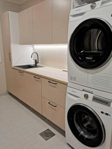 uma cozinha com uma máquina de lavar roupa e um lavatório em Private Villa, 127m2, 3 br, sauna, fast wifi em Rovaniemi