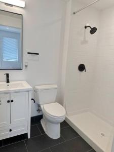uma casa de banho com um WC, um lavatório e um chuveiro em Studio Suite Close to Downtown em Oakland