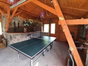 a ping pong table in a room in a cabin at Domki Bory Tucholskie - Kurs na wypoczynek in Osieczna