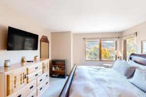 a bedroom with a large bed and a tv at Crescent Moon Sanctuary in Silverthorne