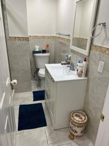 a bathroom with a sink and a toilet and a mirror at one bedroom basement apartment in Milton