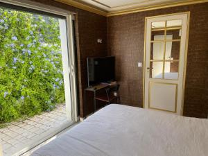 una camera con letto, televisore e finestra di Maison Blue Palm Aix en Provence ad Aix en Provence