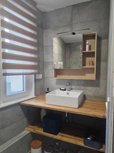 uma casa de banho com um lavatório e um espelho em L'Estran em Dieppe