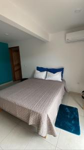 een slaapkamer met een groot bed met blauwe en witte kussens bij Bel'Vie in Le François