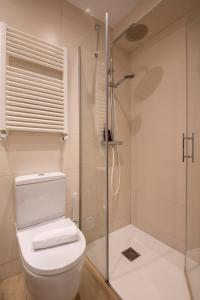 サン・セバスティアンにあるOld Town Homestayのバスルーム(トイレ、ガラス張りのシャワー付)