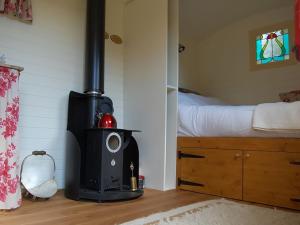 a room with a wood stove next to a bed at Hicks Hut -ukc4753 in Tremeirchion