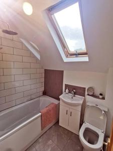 a bathroom with a toilet and a sink and a skylight at Detached house with gated parking in Whalley Range in Manchester