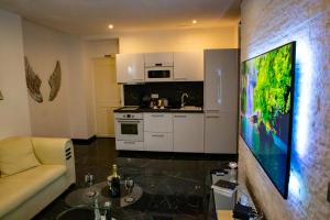 a living room with a couch and a tv in a kitchen at La Duchesse 1976 in Vernon +10 photos