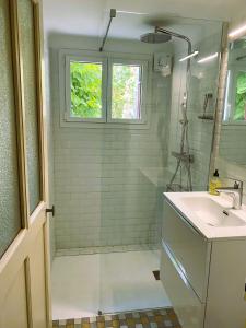 a bathroom with a shower and a sink and a window at La troglo aux oiseaux in Montrichard