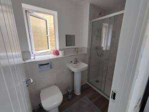 a bathroom with a toilet and a sink and a shower at Home in Wellingborough