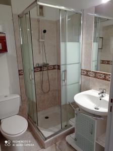 uma casa de banho com um chuveiro, um WC e um lavatório. em Ombre et soleil vue sur la lagune et bateaux em Saint-Cyprien