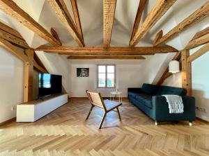 a living room with a couch and a tv at Ferienzauber 1897 in Dornbirn