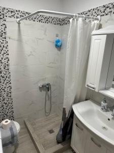 a bathroom with a shower and a toilet and a sink at Cozy Apartment in Drymades Village in Dhërmi