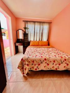 1 dormitorio con 1 cama con colcha de flores y ventana en Cara Transient house, en San Pablo