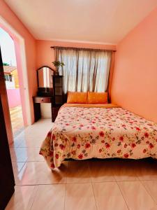 a bedroom with a bed with a floral bedspread and a window at Cara Transient house in San Pablo